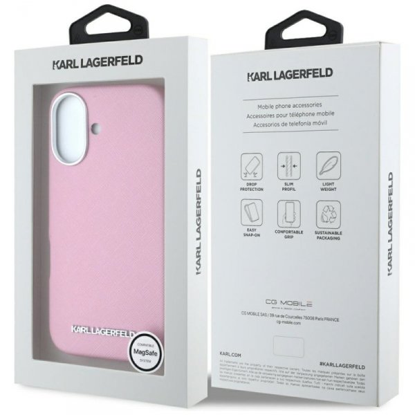 Etui Karl Lagerfeld Saffiano Full        Wrapped Elongated Metal Logo MagSafe do iPhone 16 różowy