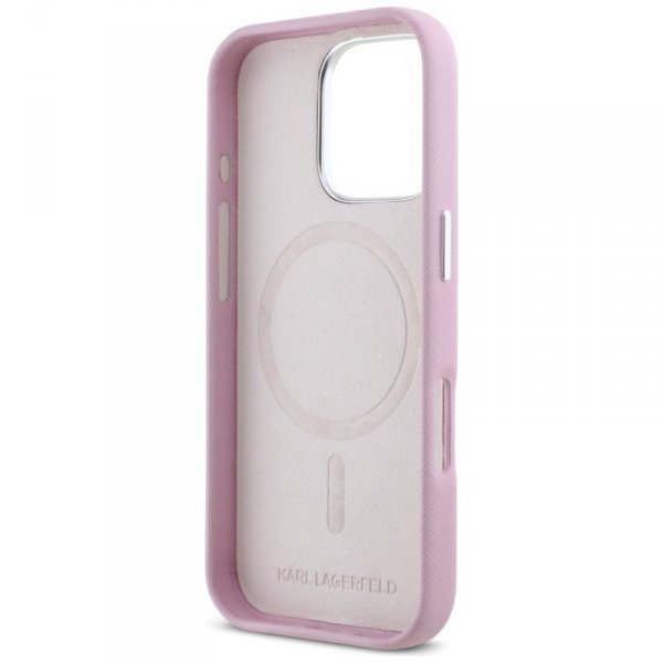 Etui Karl Lagerfeld Saffiano Full        Wrapped Elongated Metal Logo MagSafe do iPhone 16 Pro Max różowy