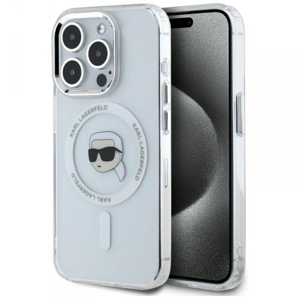 Etui Karl Lagerfeld IML Metal Karl Head  MagSafe do iPhone 15 Pro biały