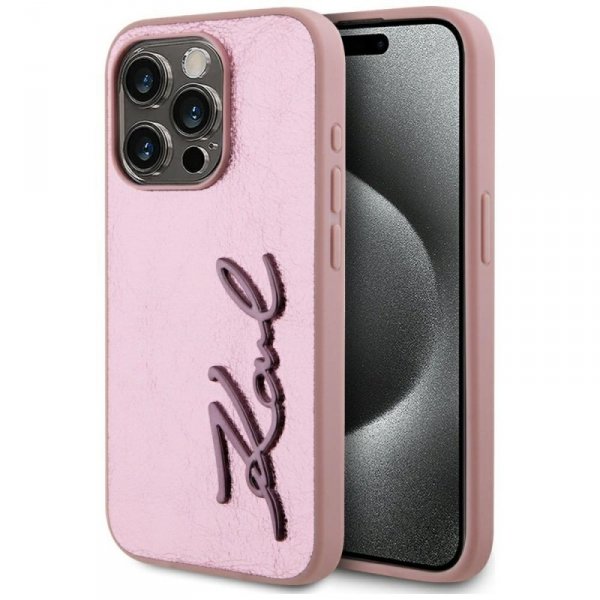 Etui Karl Lagerfeld Wrinkled Metal       Signature do iPhone 15 Pro Max różowy