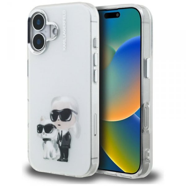 Etui Karl Lagerfeld IML Aquarelle Karl   & Choupette & Logo do iPhone 16 biały