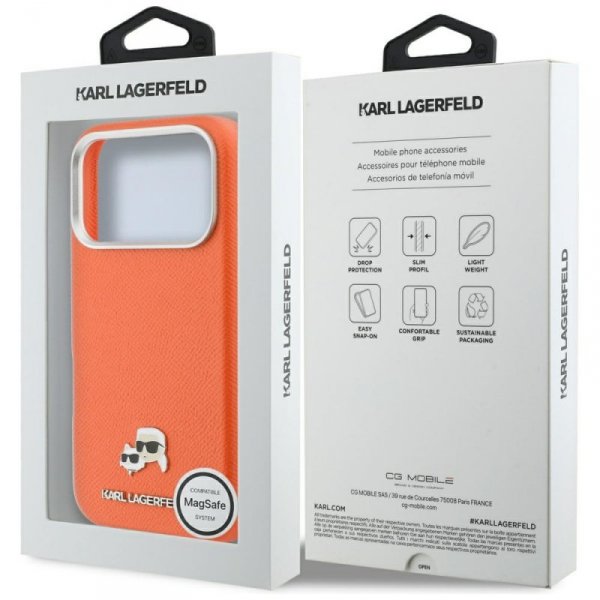 Etui Karl Lagerfeld Karl & Choupette     Head Pins Saffiano MagSafe do iPhone 17 Pro Max pomarańczowy