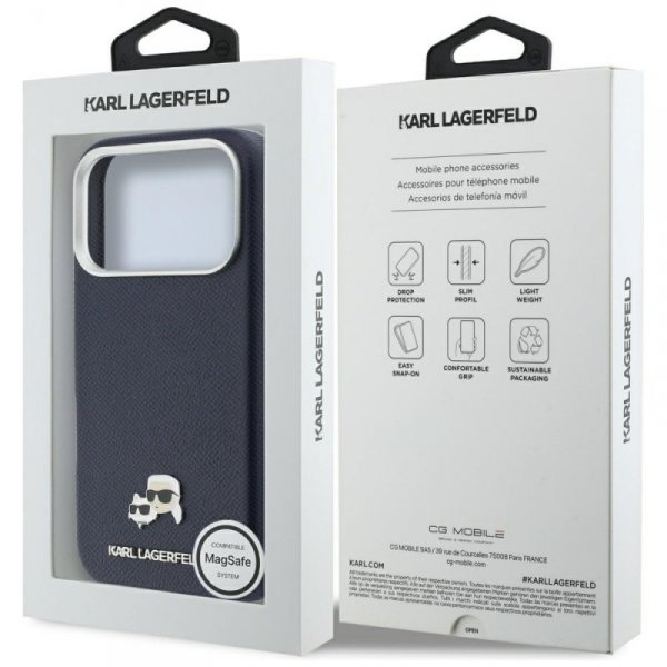 Etui Karl Lagerfeld Karl & Choupette     Head Pins Saffiano MagSafe do iPhone 17 Pro niebieski