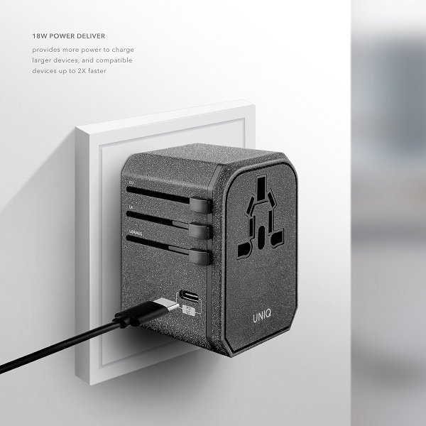 UNIQ Ładowarka sieciowa Voyage World Adapter 33W+ 2xUSB + PD 18W + QC 3.0 szary/charcoal grey (LITHOS Collective)