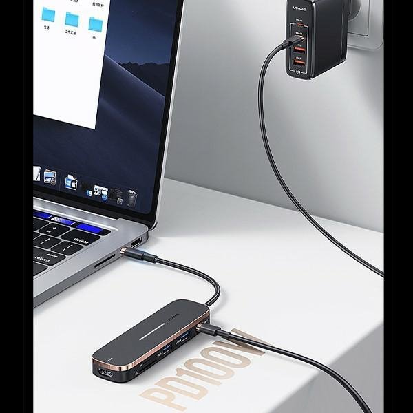 USAMS Adapter HUB 3xUSB + USB-C + HDMI czarny/black SJ578HUB01 (US-SJ578)