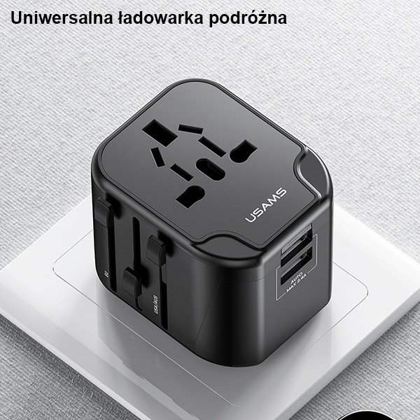USAMS Adapter siec. 2xUSB T55 12W4w1 US/AU/EU/UK czarny/black CC173TC01 (US-CC173) Univesal Travel Charger