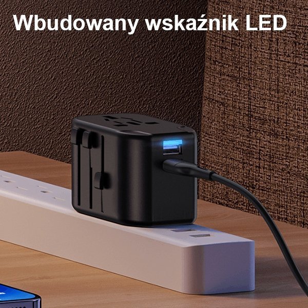 USAMS Adapter siec. 2xUSB T55 12W4w1 US/AU/EU/UK czarny/black CC173TC01 (US-CC173) Univesal Travel Charger