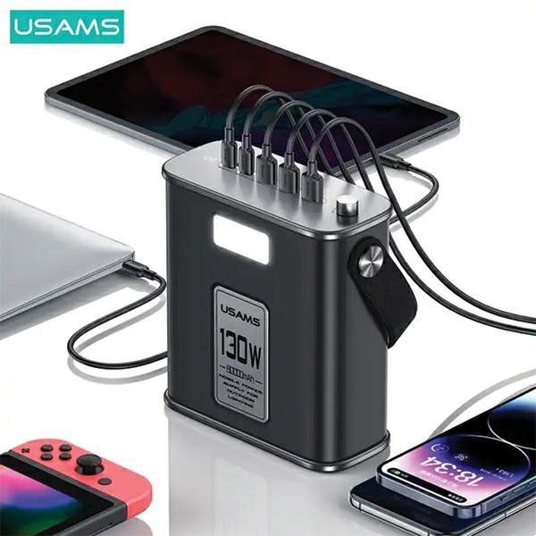 USAMS Powerbank 80000mAh 130W 2C+3AQC3.0+PD Fast Charge beżowy/beige STXLOGTC02 (US-CD196) + kabel USB-C-USB-C 100W 2m