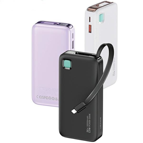 USAMS Powerbank ze zwijanym kablemRetractable Lightning 10000 mAh PD 20W Fast Charge XY Series biały/white 10KCD22502 (US-CD225)