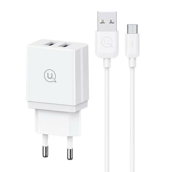 USAMS Ład. siec. 2xUSB-A + kabel Micro/USB-A Fast Charging biały/white series HC HCXLTZ02