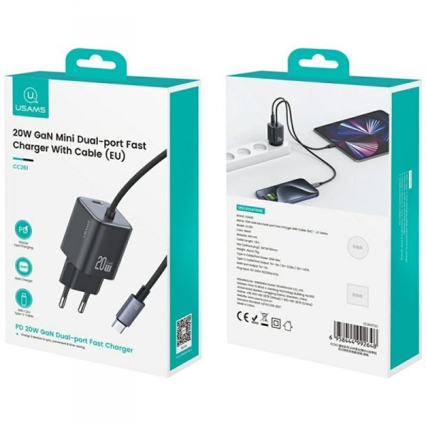 Ładowarka sieciowa USAMS JC Series CC261 20W GaN Mini Fast Charger 2xUSB-C czarny