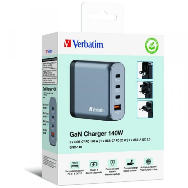 Verbatim Ładowarka sieciowa GaN 140W3xUSB-C/USB-A + Adapter EU/UK/US GNC-140 32203