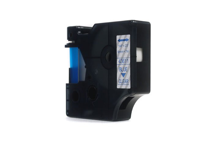 Taśma zamiennik Dymo D1 Niebieski na Przezroczystym 6mm x 7m  LM100, LM100+, LM200, LM300, LM400, LM420P, LM350, LM350D, LM360D, LM450D, LM260P, LM120P, LM500TS, LM160, LM210D, LM280, LM150, LM220 (43611)