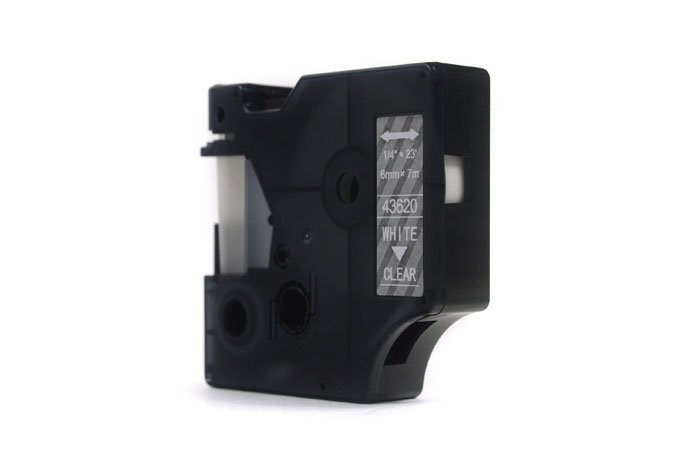 Taśma zamiennik Dymo D1 Biały na Przezroczystym 6mm x 7m LM100, LM100+, LM200, LM300, LM400, LM420P, LM350, LM350D, LM360D, LM450D, LM260P, LM120P, LM500TS, LM160, LM210D, LM280, LM150, LM220 (43620)