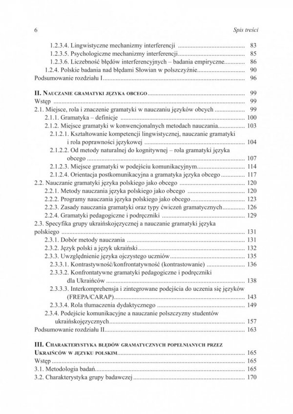 Błędy gramatyczne w polszczyźnie studentów ukraińskojęzycznych - spis treści