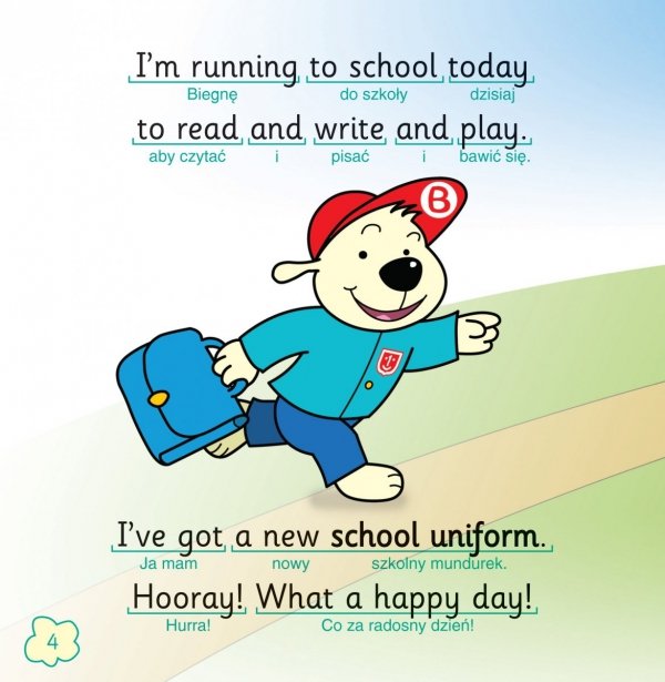 BINGO BOY discovers school things - dwujęzyczny tekst książki (przykładowa strona)