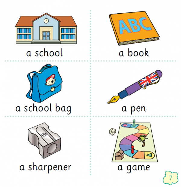 BINGO BOY discovers school things - słowniczek obrazkowy zamieszczony na początku książki (przykładowa strona)