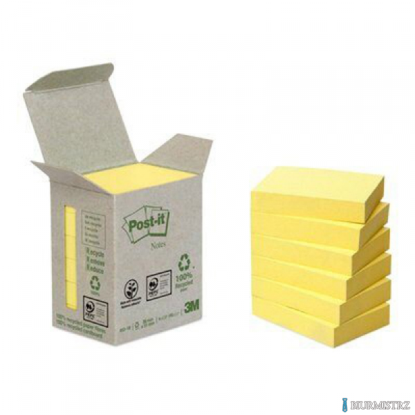 Ekologiczne karteczki samoprzylepne Post-it_ z certyfikatem PEFC Recycled, Żółte, 38x51mm, 6 bloczków po 100 karteczek,