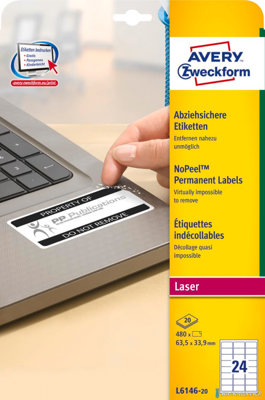 Etykiety NoPeel L6146-20 63,5 x 33,9 20 ark Avery Zweckform (X)