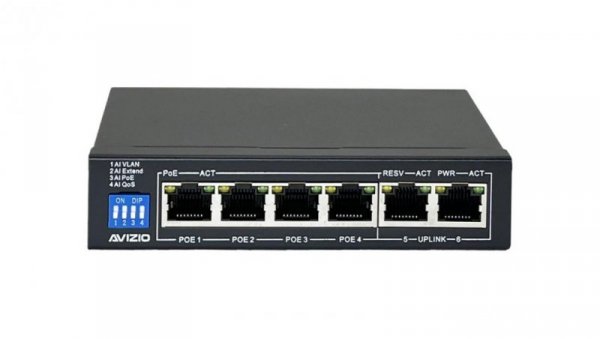 Switch desktop 6x port RJ45 (4x PoE+ 1Gb/s i 2x Uplink 1Gb/s Ethernet) przełącznik niezarządzalny AVIZIO