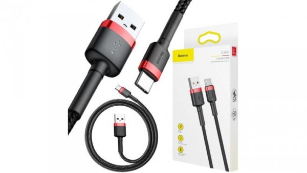 KABEL USB-A -igt/br USB-C Baseus Cafule CATKLF-A91 50cm 3A QC 3.0 CZARNO-CZERWONY W OPLOCIE