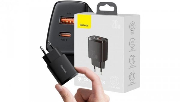 ŁADOWARKA SIECIOWA Baseus Compact Quick Charger CCXJ-B01 20W 1x USB-A 1x USB-C PD 3.0 QC 3.0 CZARNA