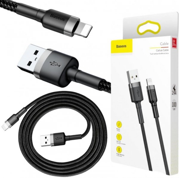 KABEL USB-A -&gt; Lightning / iPhone Baseus Cafule CALKLF-BG1 100cm Apple 2.4A CZARNO-SZARY W OPLOCIE