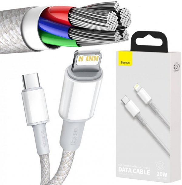 KABEL USB-C -&gt; Lightning / iPhone Baseus Cafule CATLGD-A02 2m 20W PD Quick Charging BIAŁY W OPLOCIE