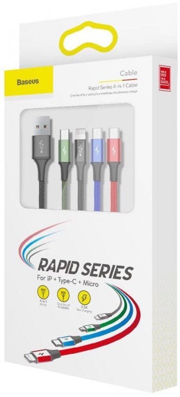 KABEL 4w1 USB-A -&gt; Lighting iPhone / 2x USB-C / micro-USB Baseus Cafule CA1T4-B01 1.2m 3.5A W OPLOCIE