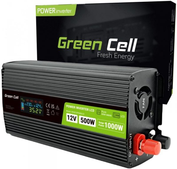 PRZETWORNICA NAPIĘCIA Green Cell PowerInverter LCD 12V -&gt; 230V 500W/1000W CZYSTA SINUSOIDA