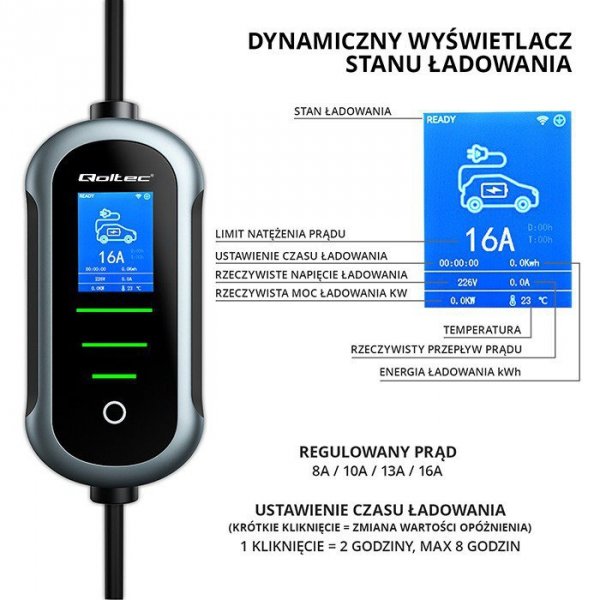 Qoltec Mobilna ładowarka do samochodu elektrycznego EV z regulacją 2w1  Typ2 | 11kW | 400V | Wi-Fi | TUYA | SMART LIFE | LCD | W