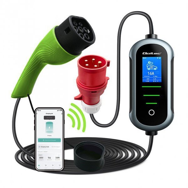Qoltec Mobilna ładowarka do samochodu elektrycznego EV z regulacją 2w1  Typ2 | 22kW | 400V | Wi-Fi | TUYA | SMART LIFE | LCD | W