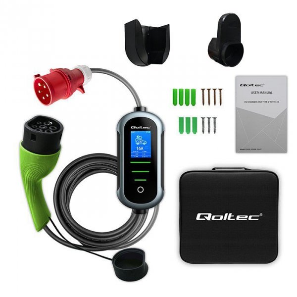 Qoltec Mobilna ładowarka do samochodu elektrycznego EV z regulacją 2w1  Typ2 | 22kW | 400V | Wi-Fi | TUYA | SMART LIFE | LCD | W