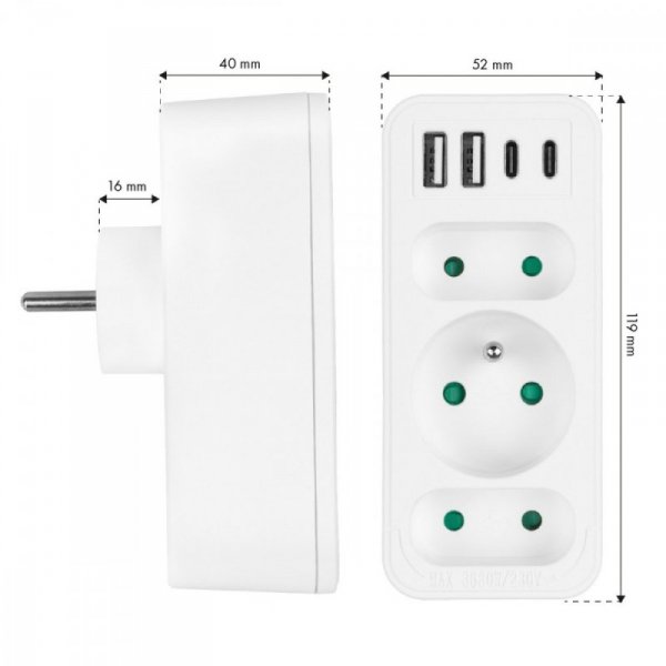Maclean Rozdzielacz na 3 gniazda MCE248 F/W 2xUSB-A 2xUSB-C biały