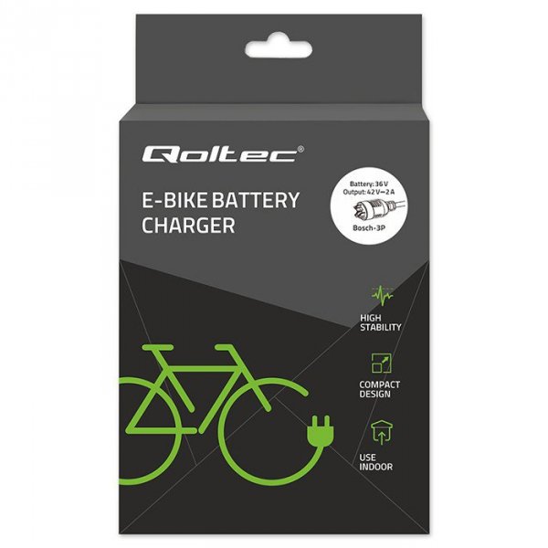 Qoltec Ładowarka do roweru elektrycznego 36V | 42V | 2A | wtyczka Bosch 3Pin + kabel zasilający