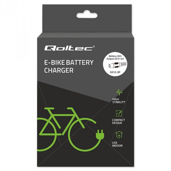 Qoltec Ładowarka do roweru elektrycznego 36V | 42V | 2A | GX12-3Pin + kabel zasilający