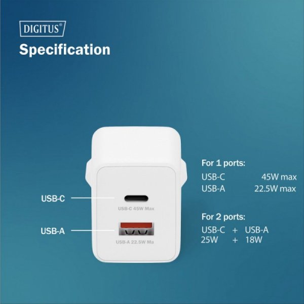 Digitus Ładowarka sieciowa GaN II 45W | 1x USB-C, 1x USB-A | PD 3.0, QC 3.0 | Biała