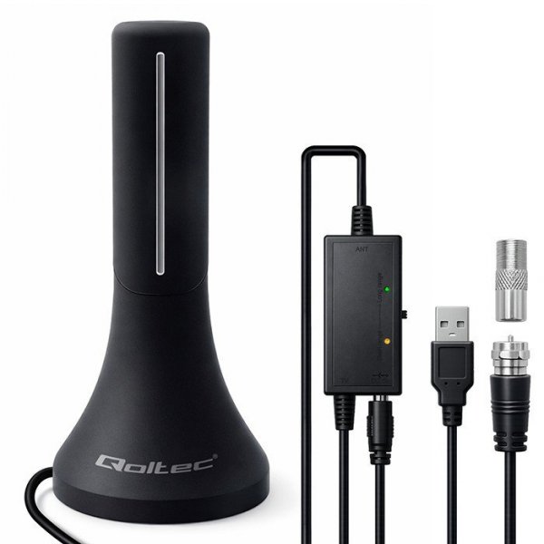 Qoltec Wewnętrzna antena DVB-T/T2 | wzmacniacz sygnału | 4K | wysoki zysk 32dBi | kabel 4m