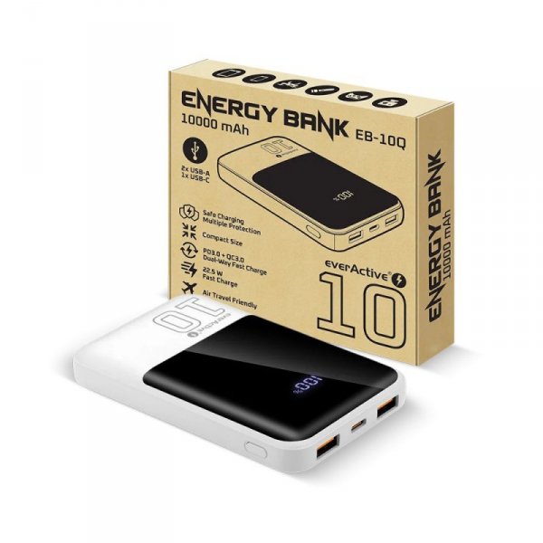 everActive Powerbank 10 000 mAh 2X USB 1X USB-C 22,5W QC4.0 wyświetlacz LED