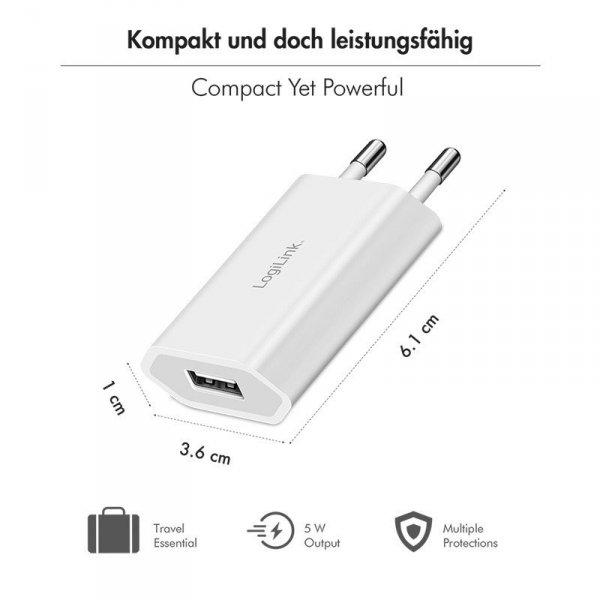 LogiLink Ładowarka sieciowa USB-A, 5W, 5V/1A, USB-A