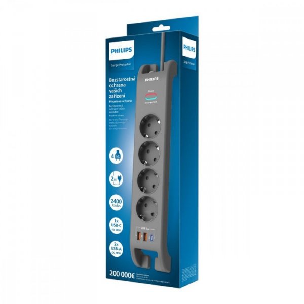 Philips Listwa antyprzepięciowa 2m, 4 gniazda, 1xUSB-C, 2xUSB-A,PD 20W / QC 18W, 2400 J ochrony przeciwprzepięciowej