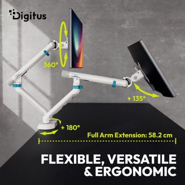 Digitus Ramię biurkowe podwójne z zaciskiem i sprężyną mechaniczną 2x LCD max. 35" obciążenie 2x10kg, VESA: 75x75, 100x100,
