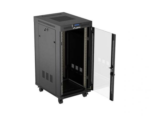 Lanberg Szafa instalacyjna rack stojąca 19" 24U  600x800 czarna drzwi przeszklone LCD ( Flat pack) V2