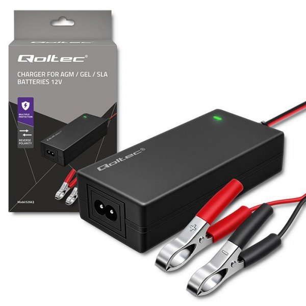 Qoltec Ładowarka do akumulatora AGM GEL STD | Prostownik 12V | 2A | 24W | LED | Kabel 1.8m