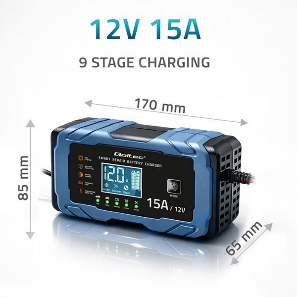 Qoltec Ładowarka 12V 15A | Prostownik z funkcją naprawy | AGM GEL       LiFePO4 | 9-stopniowe ładowanie