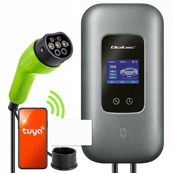 Qoltec Stacja ładowania do samochodu elektrycznego i hybryd | 3fazy |   22kW | 32A | Wi-Fi | LCD | RFID | TUYA | 5m