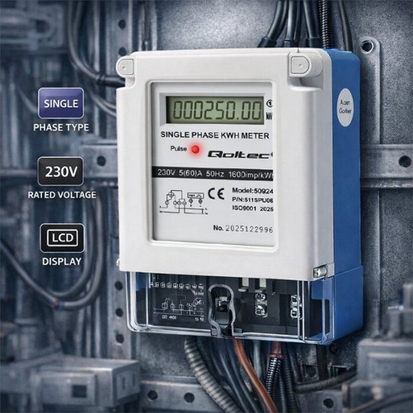 Qoltec Jednofazowy miernik zużycia energii | 230V | 5(60)A | LCD