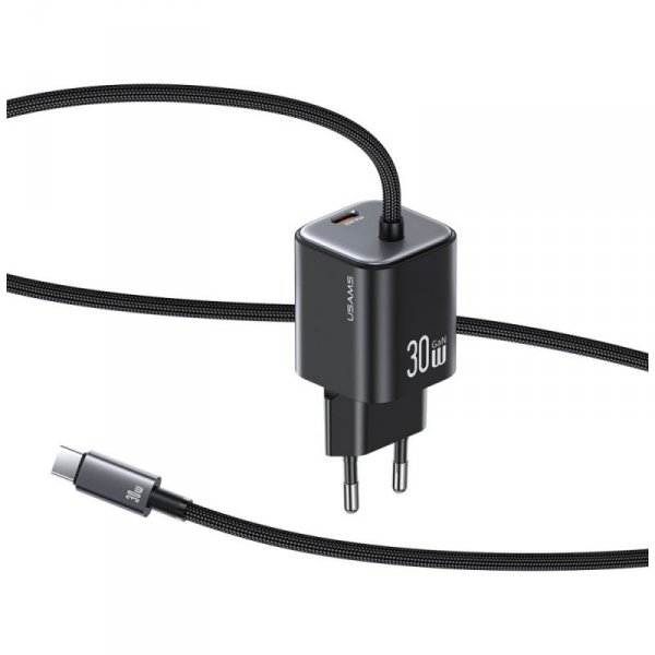 USAMS Ładowarka sieciowa JC Series CC264 30W GaN Fast Charge wbudowany kabel USB-C biała