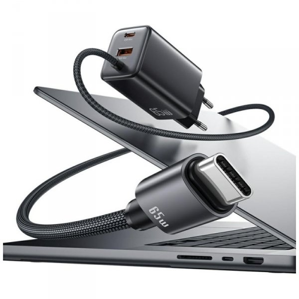 USAMS Ładowarka sieciowa JC Series CC266 65W GaN Fast Charger wbudowanykabel USB-C czarny