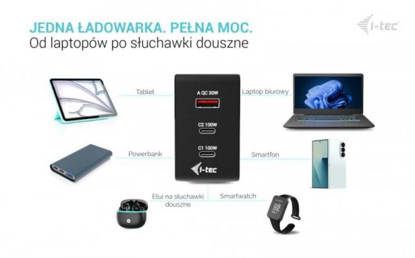 i-tec Ładowarka 100W Intelligent Multiport USB Charger 2xUSB-C 1xUSB-A LCD 150 cm